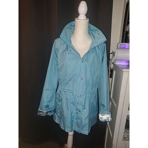 NWOT Dennis Basso Raincoat Medium Teal Blue Zipper & Snaps Removeable Hood - Picture 3 of 8